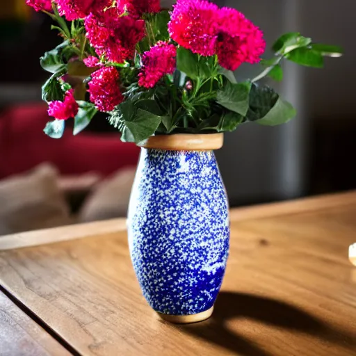 Prompt: dslr photo of a vase on a table, 85mm, f/1.3