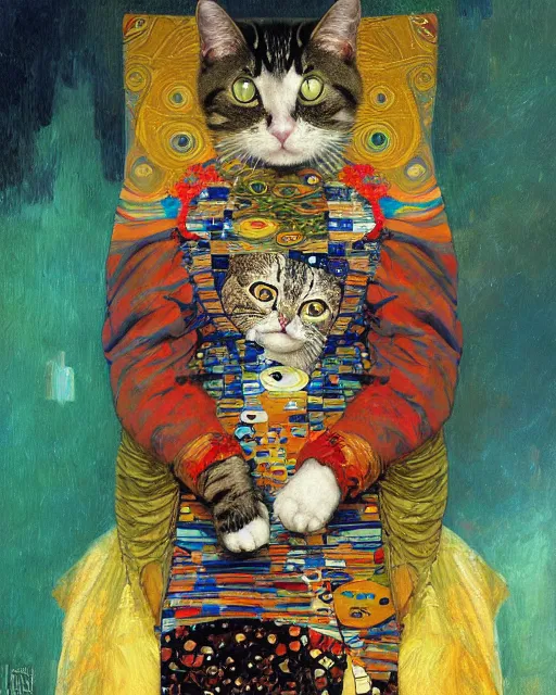 Image similar to doctor cat portrait an oil painting splashes with many colors and shapes by gustav klimt greg rutkowski and alphonse mucha, polycount, generative art, psychedelic, fractalism, glitch art
