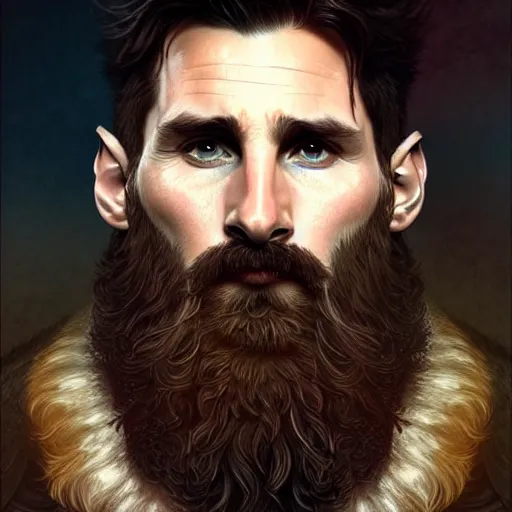 Image similar to Messi with a majestic beard, closeup, D&D, fantasy, intricate, elegant, highly detailed, digital painting, artstation, concept art, matte, sharp focus, illustration, art by Artgerm and Greg Rutkowski and Alphonse Mucha