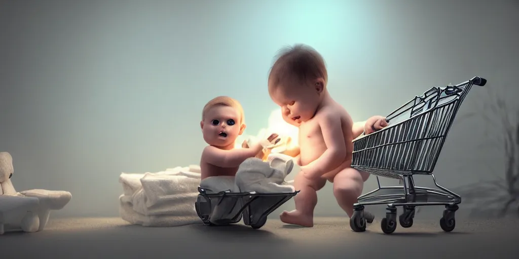 Image similar to baby in diapers with a shopping cart, dim volumetric lighting, 8 k octane beautifully detailed render, post - processing, extremely hyper - detailed, intricate, epic composition, cinematic lighting, masterpiece, trending on artstation, detailed detailed detailed, masterpiece, stunning art, wonderful masterpiece, beautiful cinematic light