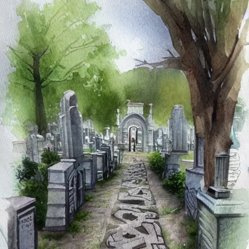 Image similar to water color on paper, walk in the cemetery, highly detailed, artstation, masterpiece, award - winning,