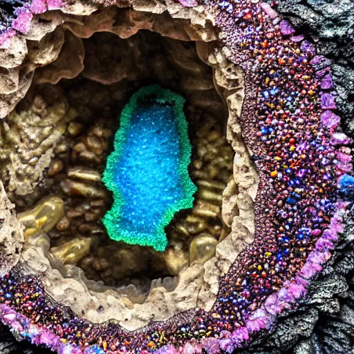 Prompt: dinosaur skeleton inside a geode of multi-colored crystals