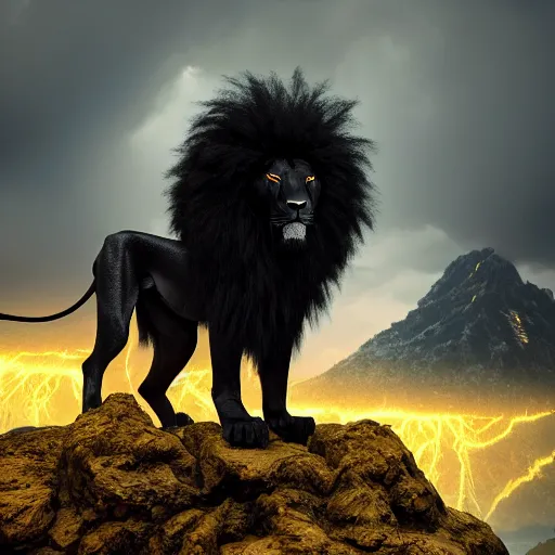 Prompt: satisfied black lion's god looking at you, black fur made of gold lightnings surrounded by epic ancient huge forest and mountains, colossal scale, cinematic shot, vibrant colors, photorealism, epic, octane render by Evgeniy Antonenkov and James Jean