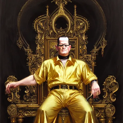 Image similar to perfectly centered portrait of hank hill in gold gothic robe sitting on a throne of black bones, highly detailed painting by gaston bussiere, craig mullins, j. c. leyendecker, 8 k, mid shot