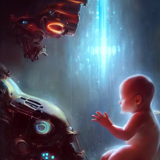 Image similar to stunning portrait of unborn baby argonaut Orpheus singing to Mother Earth, painting by Raymond Swanland, cyberpunk, sci-fi cybernetic implants hq