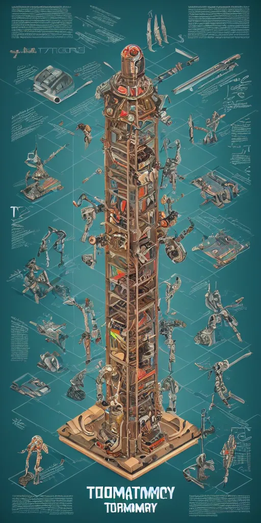 Image similar to isometric anatomy of the terminator, robot, cyborg, t100, diagrams, mystical, intricate ornamental tower floral flourishes, technology meets fantasy, map, infographic, concept art, art station, style of wes anderson