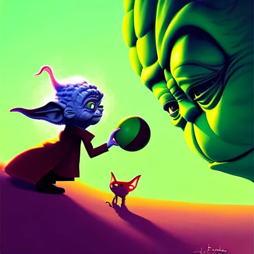 Image similar to curled perspective digital art of curly brown hair girl playing ball with yoda by anton fadeev from nightmare before christmas