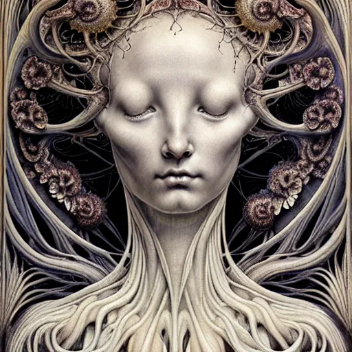 Prompt: detailed realistic porcelain beautiful organic calaveras goddess face portrait by jean delville, gustave dore, iris van herpen and marco mazzoni, art forms of nature by ernst haeckel, art nouveau, symbolist, visionary, gothic, neo - gothic, pre - raphaelite, fractal lace, intricate alien botanical biodiversity, surreality, hyperdetailed ultrasharp octane render