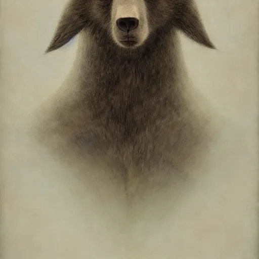 Prompt: bear rabbit hybrid character portrait by jean delville, tom bagshaw, brooke shaden, gustave dore and marco mazzoni, studio ghibli style, porcelain, histological, artificial intelligence, ebony, ivory, geologycal strata, organic, detailed fur, intricate details