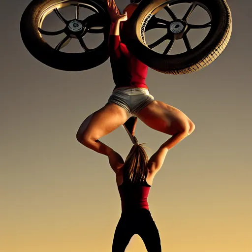 Image similar to car jumping, bodybuilder, woman, holding, photo, digital art, hands, underbody, tire, throw, standing