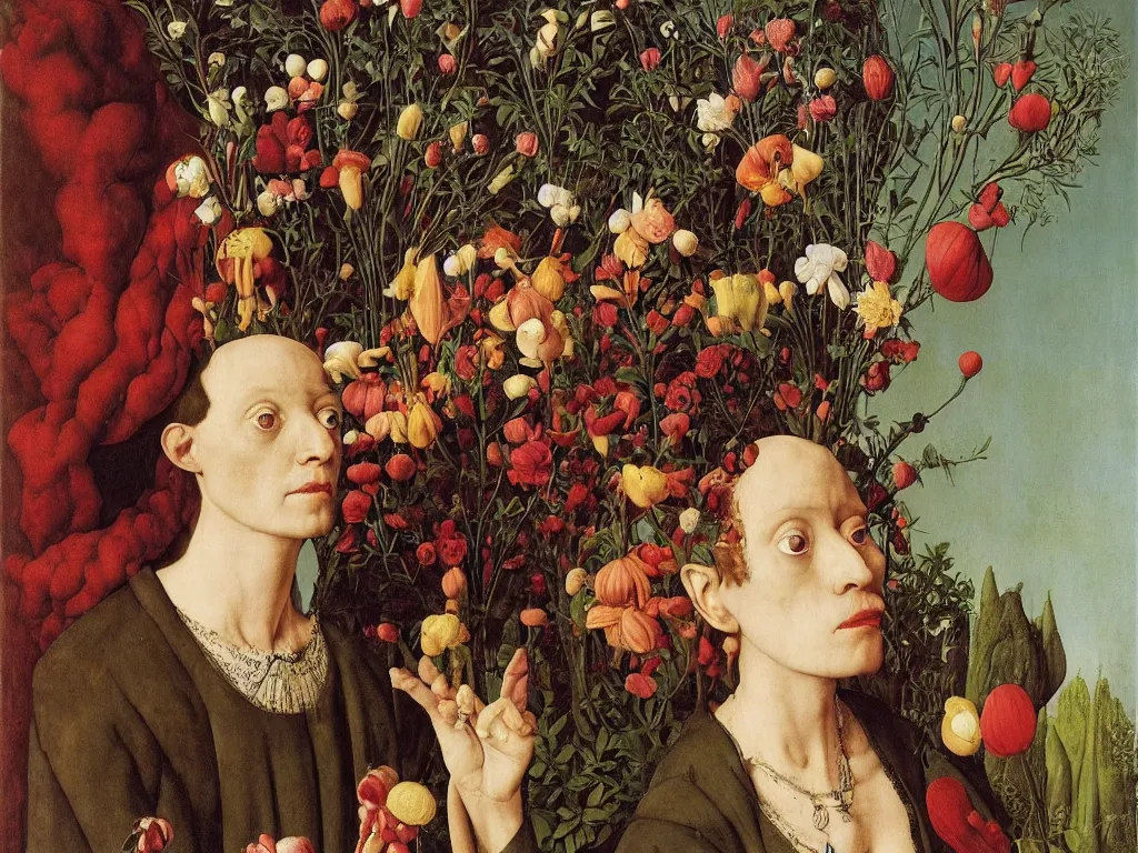 Prompt: Portrait of Meth addict with beautiful, exotic flowers. Painting by Jan van Eyck, Audubon, Maria Sybilla Merian, Rene Magritte, Agnes Pelton, Max Ernst, Walton Ford