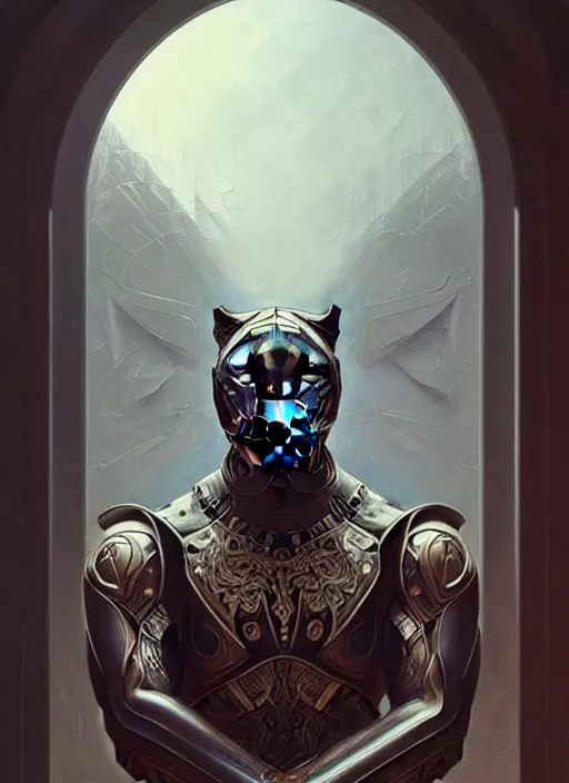 Prompt: seen through a window!! symmetry!! portrait of a panther, sci - fi armour! muscular, fantasy, intricate, elegant, highly detailed, digital painting, artstation, concept art, smooth, sharp focus, illustration, art by artgerm and greg rutkowski and alphonse mucha
