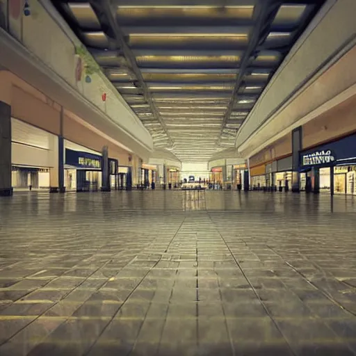 Image similar to concept art of an empty mall from the 1 9 8 0 s, by greg rutkowski