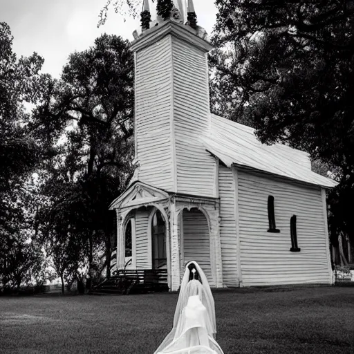 Image similar to picture of ghostly bride in front of an old wooden white church, 1 9 th century southern gothic scene, taken by calatrava, santiago