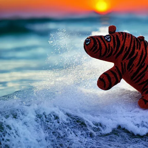 Prompt: a closeup photorealistic photograph of a knitted tiger hippopotamus plush toy riding an epic wave during sunset. surf in the background. professional capture. brightly lit scene. this 4 k hd image is trending on artstation, featured on behance, well - rendered, extra crisp, features intricate detail, epic composition and the style of unreal engine.