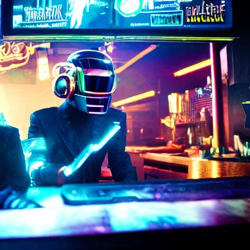 Image similar to rundown cyberpunk bar, with daft punk singing karaoke on the stage