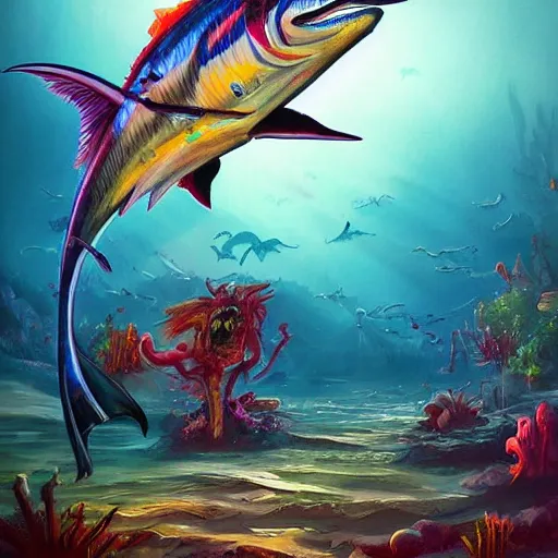 Image similar to zombified marlin, beautiful composition, wide angle, colorful, cinematic, volumetric lighting, intricate details painting