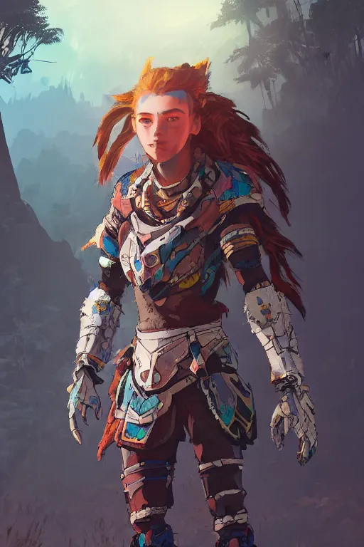 Image similar to combination suit armor aloy horizon forbidden west horizon zero dawn radiating a glowing aura global illumination ray tracing hdr fanart arstation by ian pesty and alena aenami artworks in 4 k tribal robot ninja mask helmet backpack