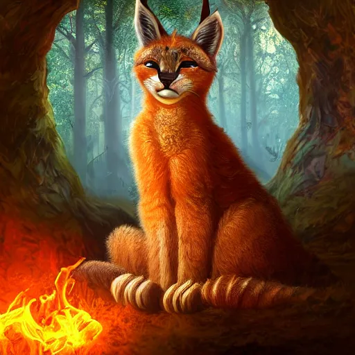 Image similar to cute fluffy caracals, fire, magic, fantasy epic legends stylized digital illustration radiating a glowing aura global illumination ray tracing hdr fanart arstation by ian pesty, 8 k