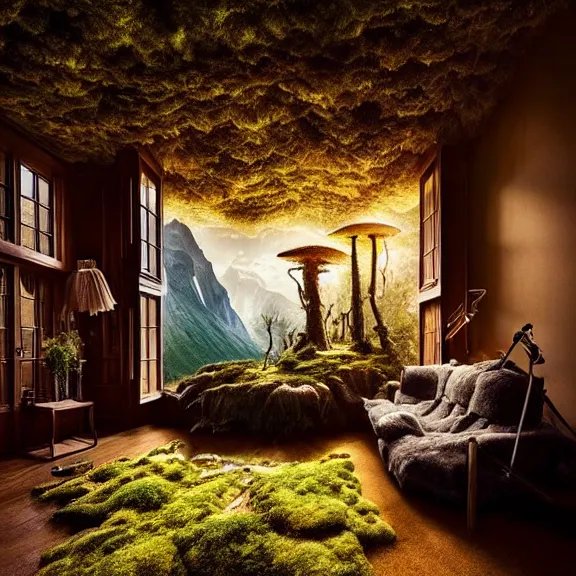 Image similar to fantastical living room with switzerland landscape in the window by marc adamus, beautiful dramatic lighting, overgrown with funghi, style by peter deligdisch, peterdraws