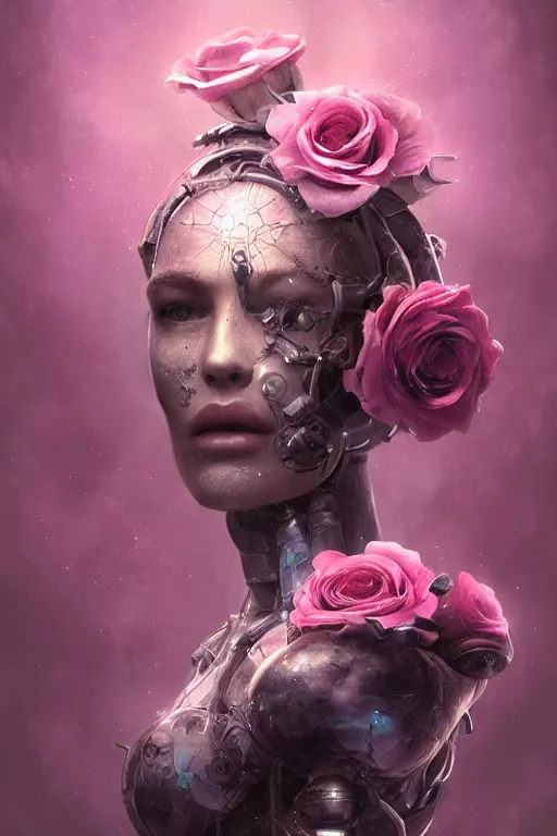 Image similar to cyborg floral highly detailed digital art SURREALIST, pink rose divine woman divine space explorer , nekro art WLOOP ROSDRAWS Tom Bagshaw, Craig Mullins, cinematic lighting, symmetrical face, beautiful woman moody lighting, volumetric, ultra-realistic, cinematic atmosphere, Epic, photorealism presented in artstation hyperrealism, award winning artwork, artstation trend, high quality print, fine art with subtle redshift rendering