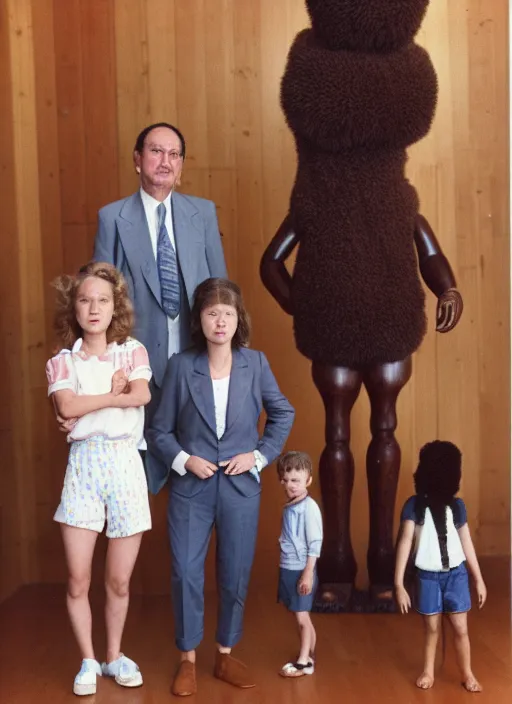 Prompt: realistic photo of the family wearing fluffy shorts, faceless, no face, polished and fancy, standing in the wooden expensive interior room full of wooden bird idol sculptures 1 9 9 0, life magazine reportage photo