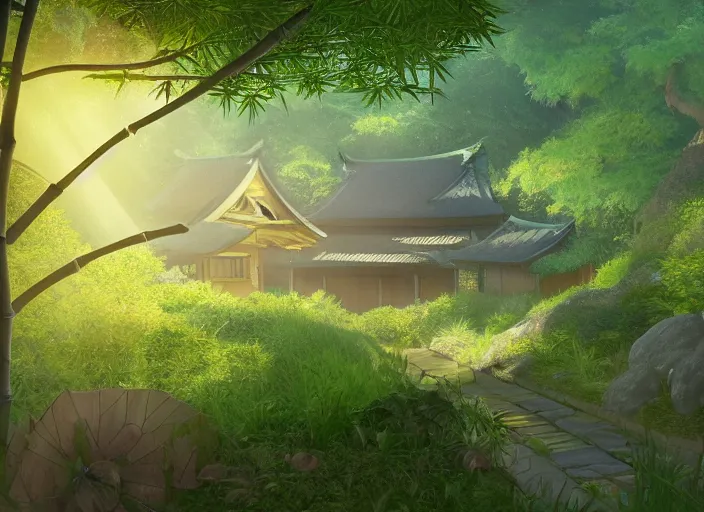 Image similar to deep in a japanese bamboo forest, small cozy house in distance with garden, sunny, cartoony, sketched, mid day, realistic lighting, light rays, by ghibli studio, arcane, wild rift, trending on artstation, 4 k, hd