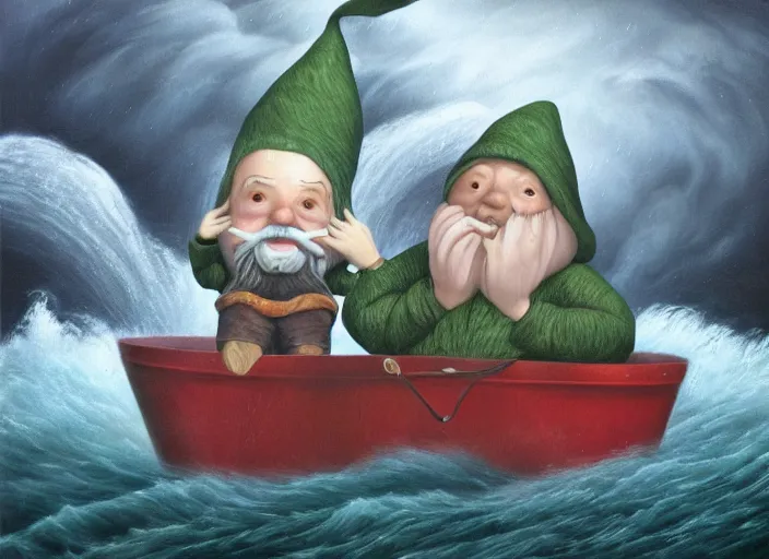 Prompt: a terrified garden gnome sailing in a bucket, background of raging ocean with huge waves on a stormy day with dramatic thunderhead clouds, an ultrafine detailed painting by mark ryden, trending on deviantart, pop surrealism, whimsical, lowbrow, rainy, perfect symmetrical face