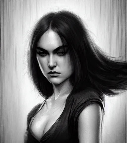 Image similar to sasha grey, beautiful piercing eyes, realistic face, black and white drawing, in the style of greg rutkowski, fantasy, amazing detail, epic, intricate, elegant, smooth, sharp focus