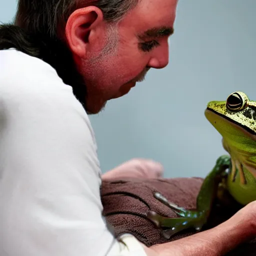 Prompt: photo of a frog man talking with his cat