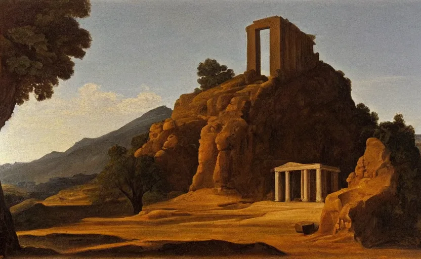 Image similar to an oil painting of a tomb with an intricately detailed door, hills in the background, inspired by nicolas poussin, inspired by guercino, in the style of french baroque, insanely detailed, mysterious mood