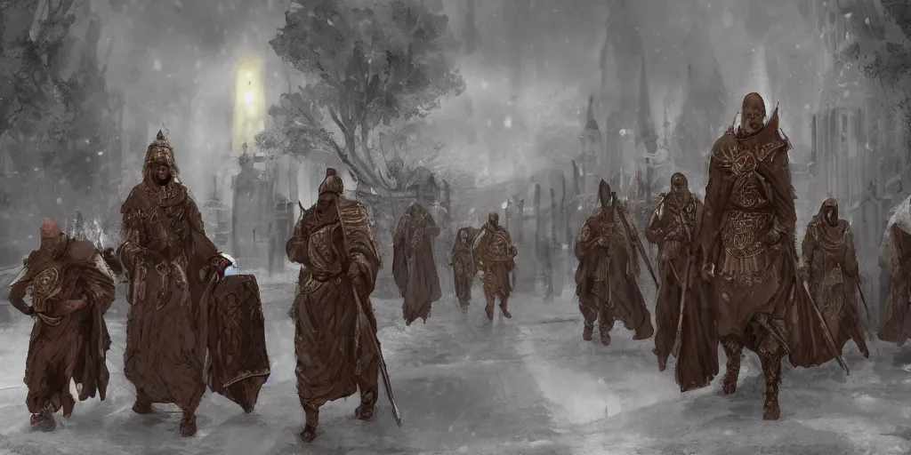 Image similar to byzantine styled warrior - monks patrol the streets of a sacred necropolis in winter, sharp focus, intricate concept art, ambient lighting, artstation