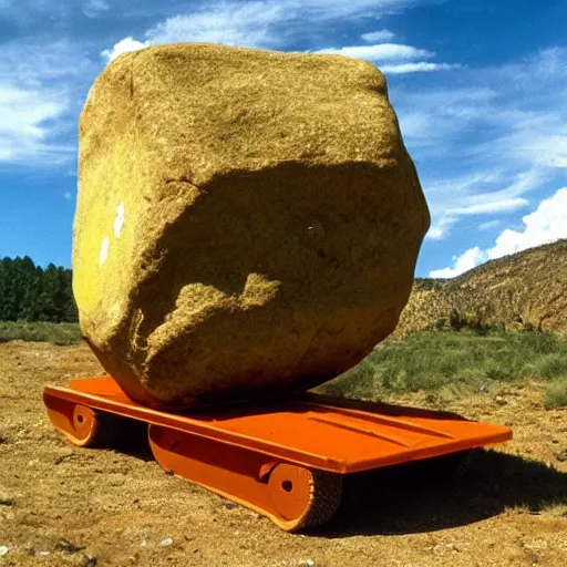Prompt: the pioneers used drive ride these babies for miles, spongebob, large boulder, delivering pizza