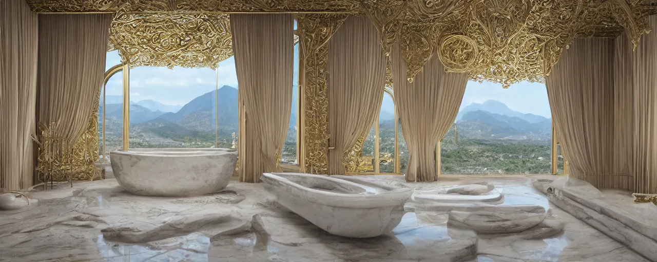 Prompt: photo of a cinematic interior of a double height hyper luxury spa with everything made of gold, candles, silk wavy curtains, ( ( ( windows with view to desert mountains and river ) ) ), beige stone marble floor with reflection, small wellness relaxation pool, intricate hieroglyph detailed roof, contemporary design, sacred geometry, 8 k, hyperrealistic, photorealism,