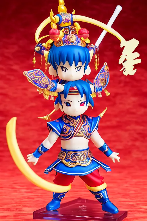 Image similar to arty chinese mythology ne zha nendoroid full body hyperdetalied, hero action pose, osamu tezuka, macoto takahashi, chibi, q posket, 8 k realistic, 3 d, cryengine, exquisite, red cloth around his shoulders, hold spear, ne zha ( 2 0 1 9 ), fenghua zhong,
