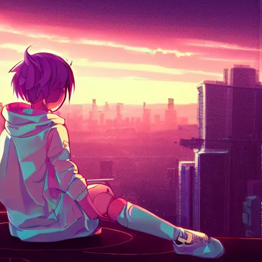 Image similar to android mechanical cyborg anime girl child overlooking overcrowded urban dystopia sitting. Pastel pink clouds baby blue sky. Gigantic future city. Raining. Makoto Shinkai. Wide angle. Distant shot. Purple sunset. Sunset ocean reflection. Pink hair. Pink and white hoodie. Cyberpunk. featured on artstation