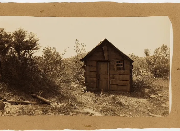 Image similar to Photograph of a miner's wooden shack among dry bushes and boulders in a pine forest, albumen silver print, Smithsonian American Art Museum