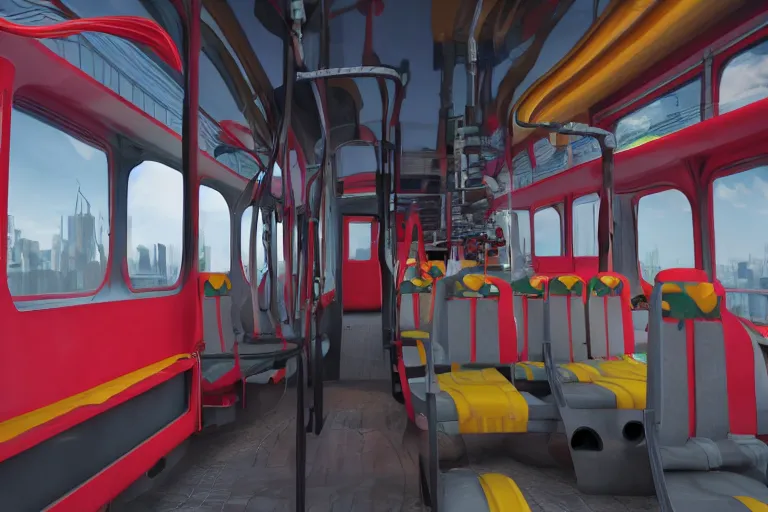 Prompt: a render of the interior of a bus, full of monkeys. outside the window, we see a giant, robotic octopus that is climbing the eiffel tower. at the sides of the roads outside, old television sets are lined up. octane render. vibrant colors. plastic, vinyl. hd. subsurface scattering. global illumination.
