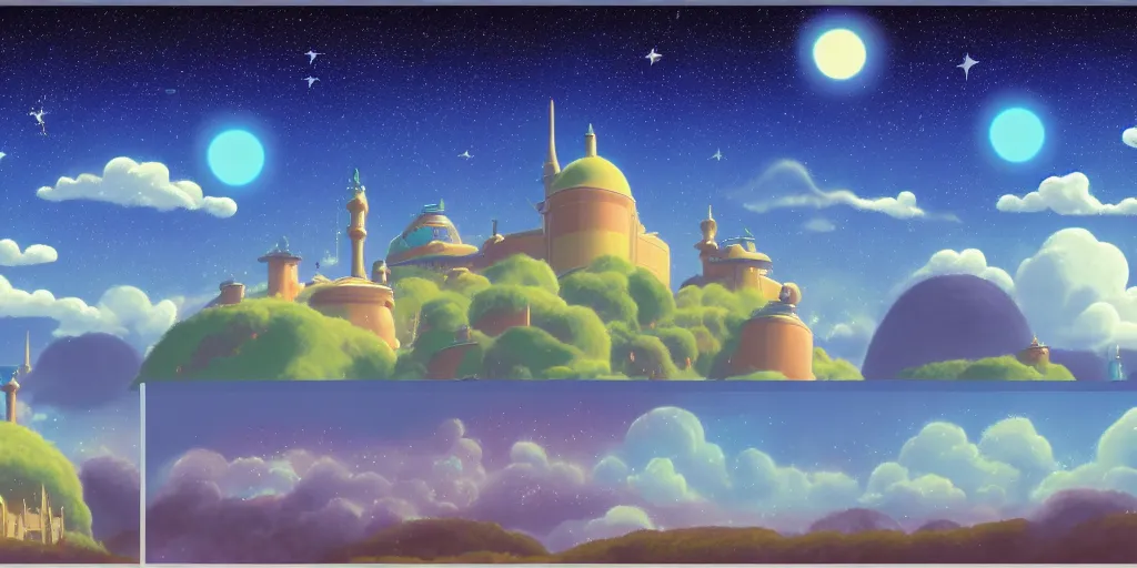 Prompt: background plate matte painting ghibli miyamoto pixar dreamworks rosalina's comet observatory.