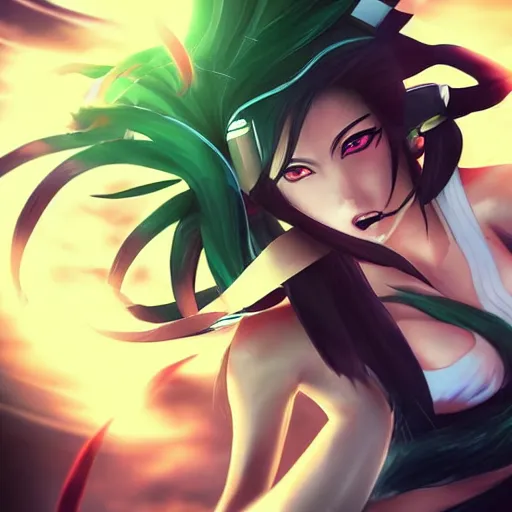 Image similar to Akali from league of legends anime, digital art, beautiful composition, amazing colours, atmospheric, lens flares, sun rays, award winning