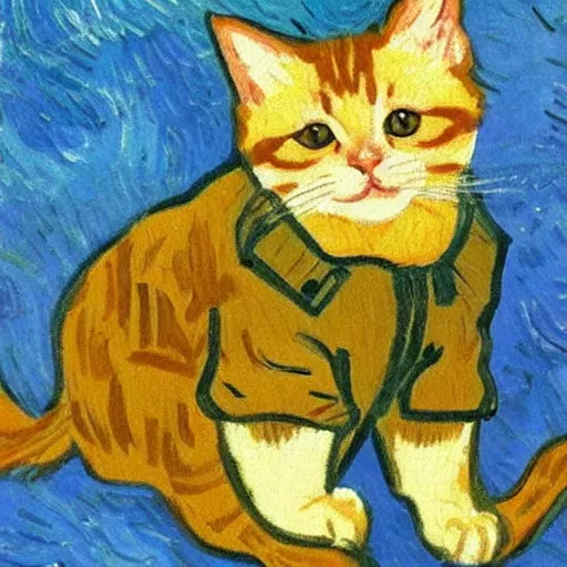 Image similar to a cute cat in a duffle coat, impressionist painting, painted by Van Gogh