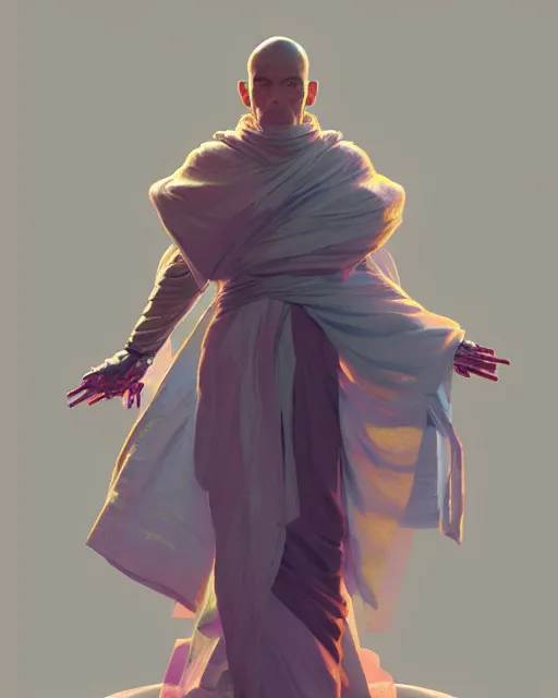 Image similar to a robot monk wearing a flowing cloak, vaporwave aesthetic, 3 d render, octane, zbrush, painting, artstation, concept art, smooth, sharp focus, illustration, art by artgerm and greg rutkowski and alphonse mucha