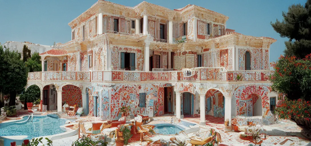 Image similar to large house in greece with multicolored portuguese tiles. photographed by wes anderson. fujinon premista 1 9 - 4 5 mm t 2. 9. portra 8 0 0.