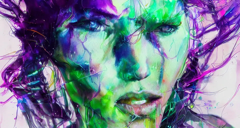 Image similar to concept art, trending on cgsociety and unreal engine, light effect, highly detailed, super wide angle, neon purple, neon orange, lime green, watercolor by Agnes Cecile