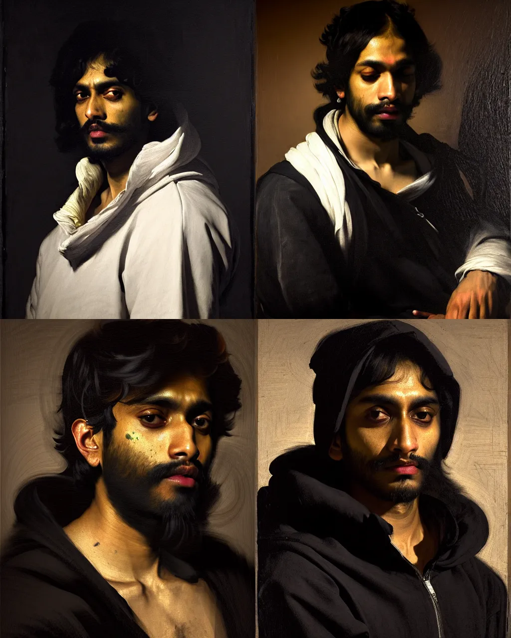 Prompt: a beautiful dramatic portrait of a spaced out indian stoner 2 5 years old boy wearing black hoodie, by anthony van dyck, by caravaggio, by greg rutkowski, trending on artstation, oil on canvas, rococo color scheme, dark background, masterpiece, cinematic composition, brilliant cold lighting, hyper - detailed, sharp, no frames, 8 k