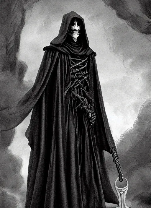 Image similar to fineart illustration of the necromancer wearing a black cloak, hyper detailed, crisp