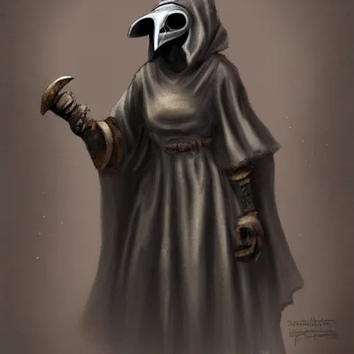 Image similar to female plague doctor donning a black hood, steel knightly armor and a white crow mask, trending on artstation