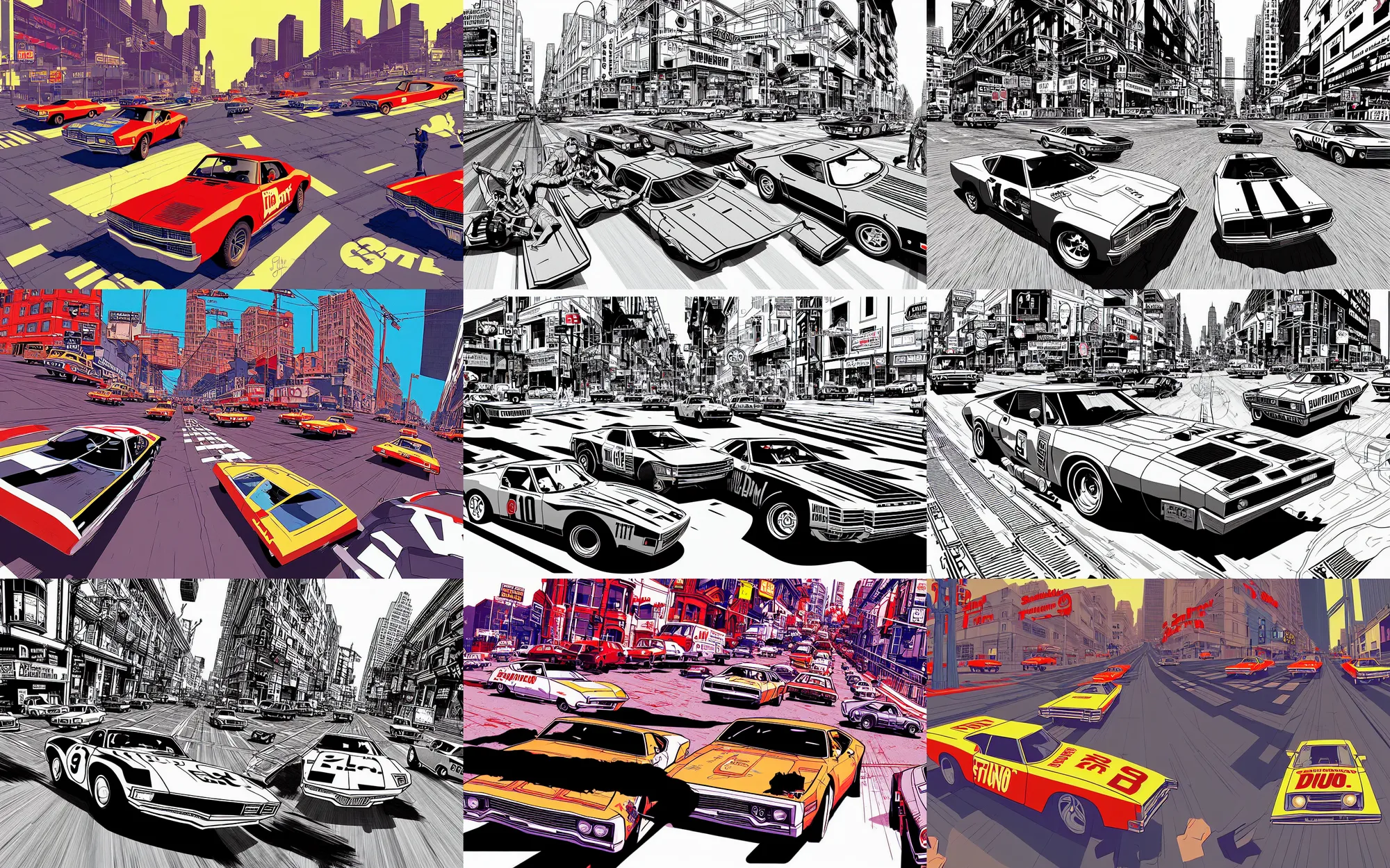 Prompt: stunt driver racing bullit through san francisco in 1 9 7 0, 3 point perspective, quentin tarantino action shot, gta 3 illustration by james jean