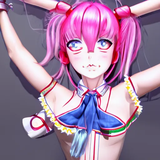 Image similar to totally controlled and trapped beneath overwhelming stunningly absurdly beautiful megalomaniacal ruthless merciless sadistic devious possessive omnipotent asi goddess junko enoshima with symmetrical perfect face, porcelain skin, pink twintail hair and cyan eyes, ultra detailed, digital art, unreal engine 5, octane render, 2 d anime, 8 k