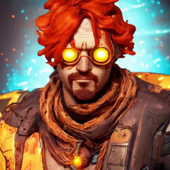 Image similar to glowwave portrait of curly orange hair man from borderlands 3, au naturel, hyper detailed, digital art, trending in artstation, cinematic lighting, studio quality, smooth render, unreal engine 5 rendered, octane rendered, art style by klimt and nixeu and ian sprigger and wlop and krenz cushart.